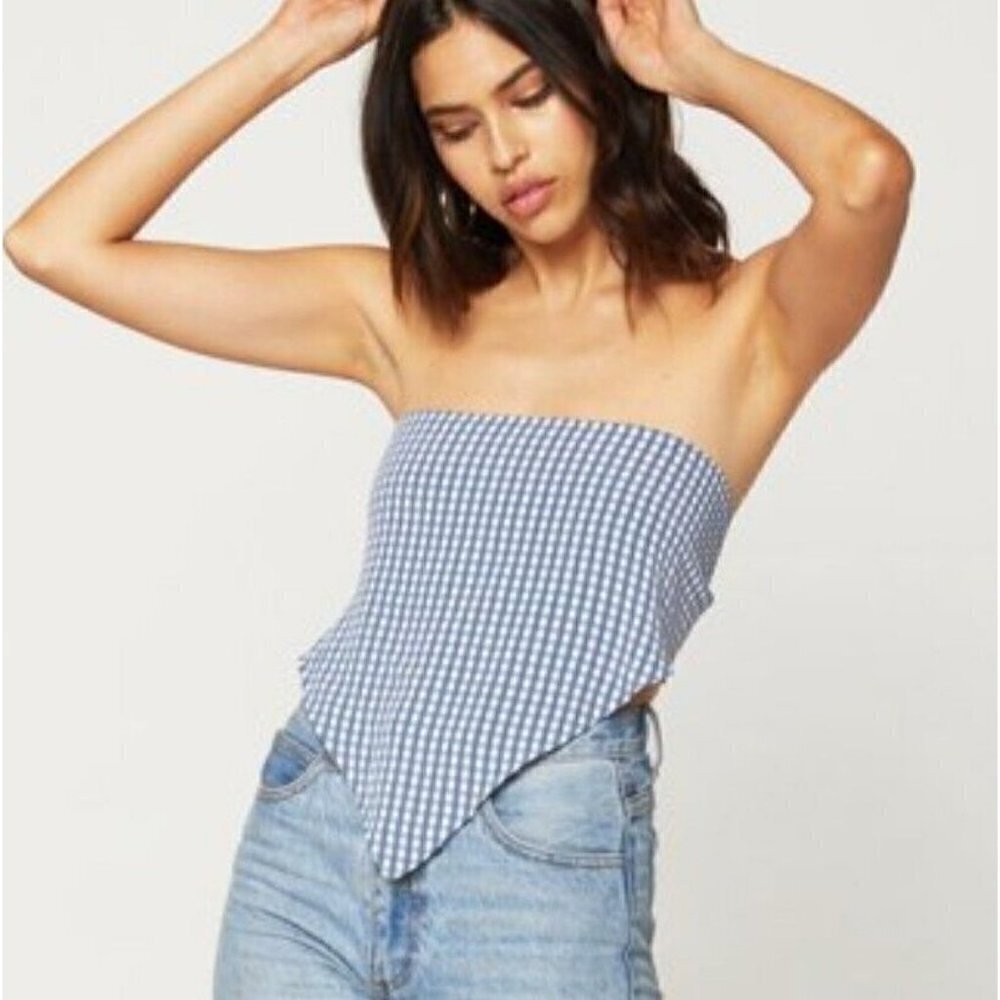 New Flynn Skye Jessie Crop Top Womens L Gingham Blues White Tank Blouse